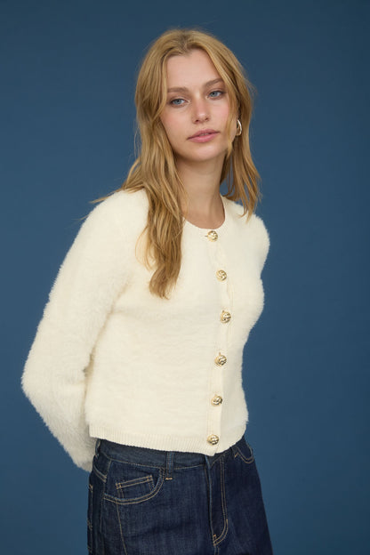 Gold Button Down Fuzzy Knit Cardigan