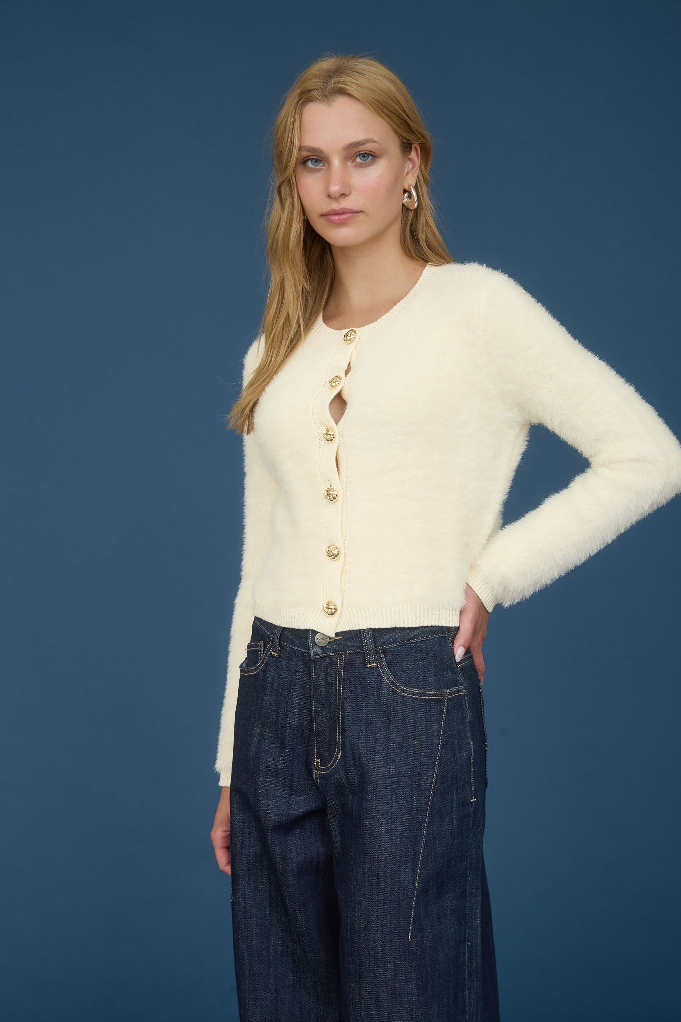 Gold Button Down Fuzzy Knit Cardigan