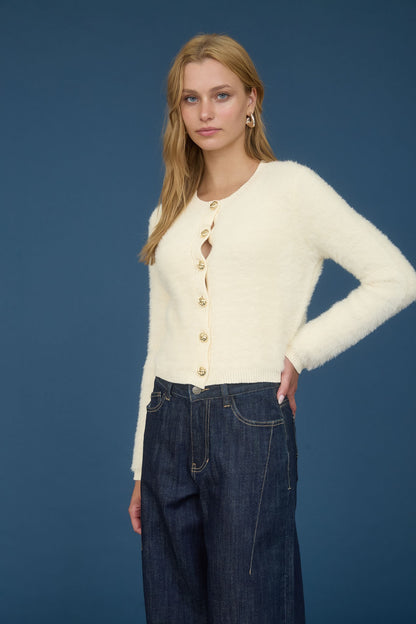 Gold Button Down Fuzzy Knit Cardigan