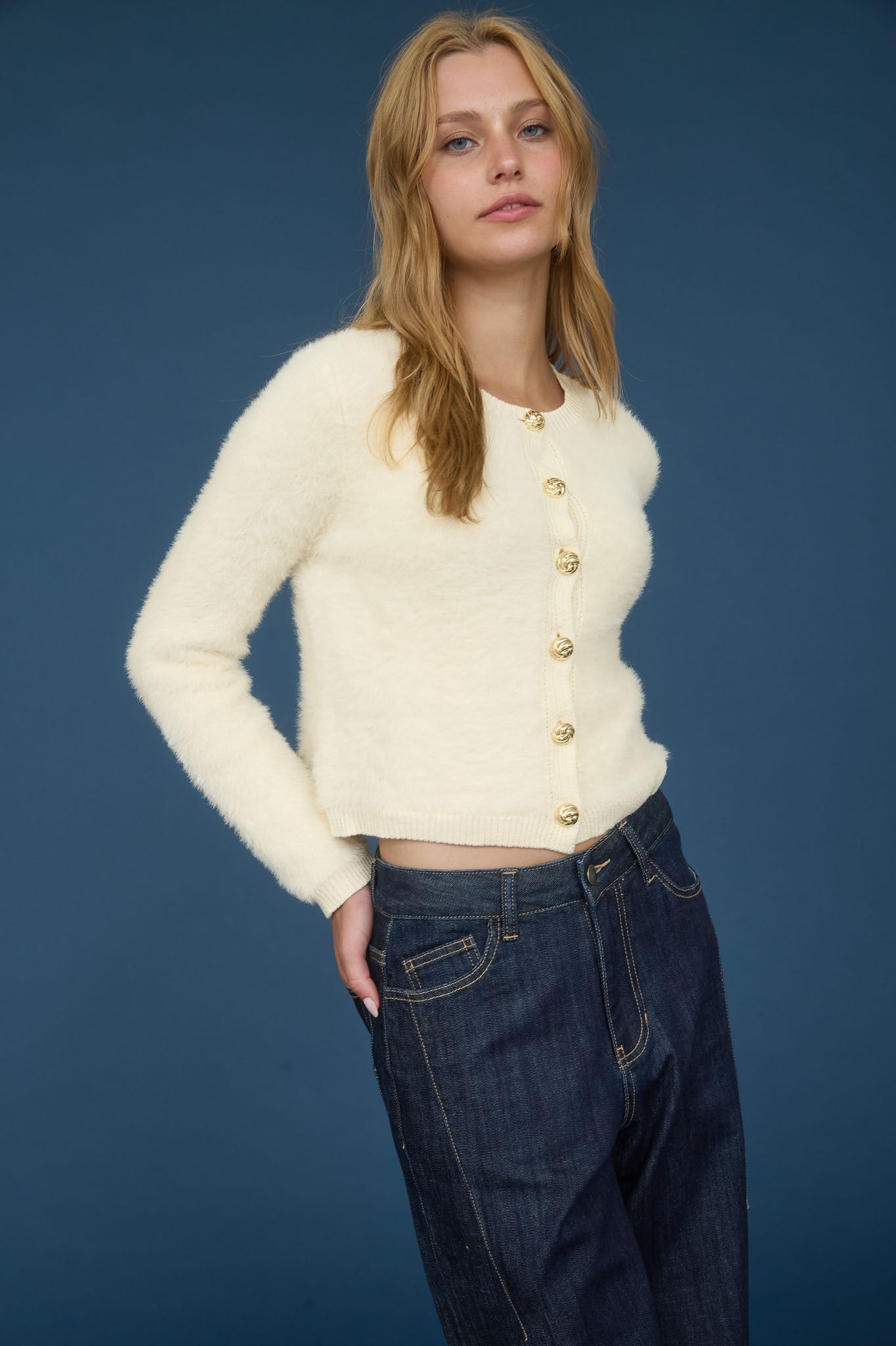 Gold Button Down Fuzzy Knit Cardigan