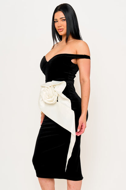 Velvet Two Tone Contrast Flower Sleeveless Midi Dress