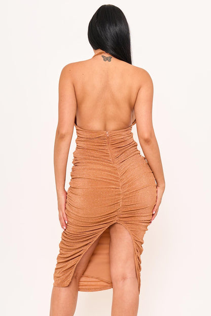 Glitter Halter Neck Sleeveless Midi Dress