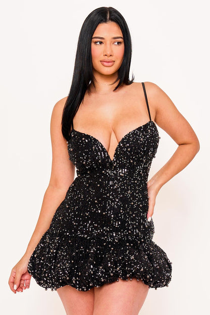 Sequin With Pearl Beaded Balloon Bottom Sleeveless Dress