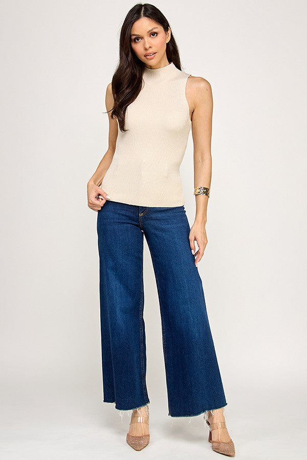 Sleeveless Glitter Mock Neck Sweater Top