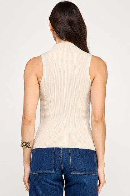 Sleeveless Glitter Mock Neck Sweater Top