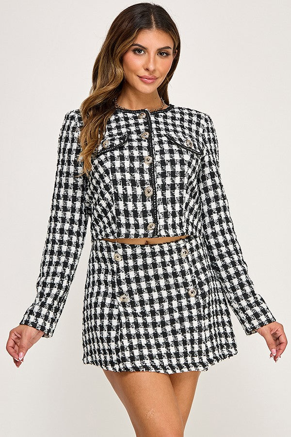 2pc set- Houndstooth Tweed Long Sleeve Top & Skort