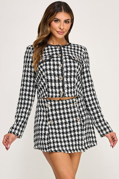 2pc set- Houndstooth Tweed Long Sleeve Top & Skort