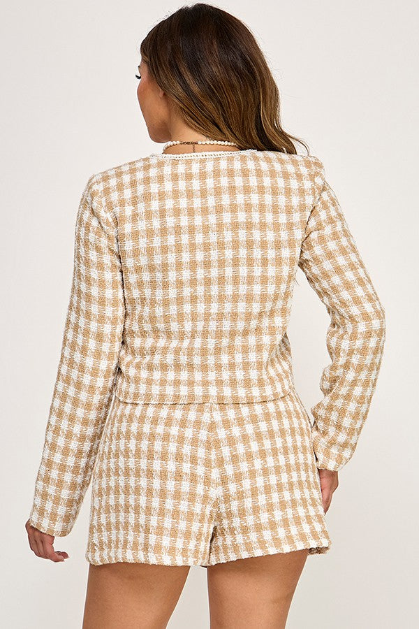 2pc set- Houndstooth Tweed Long Sleeve Top & Skort