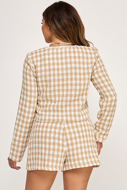 2pc set- Houndstooth Tweed Long Sleeve Top & Skort