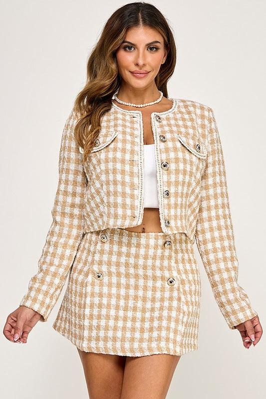 2pc set- Houndstooth Tweed Long Sleeve Top & Skort