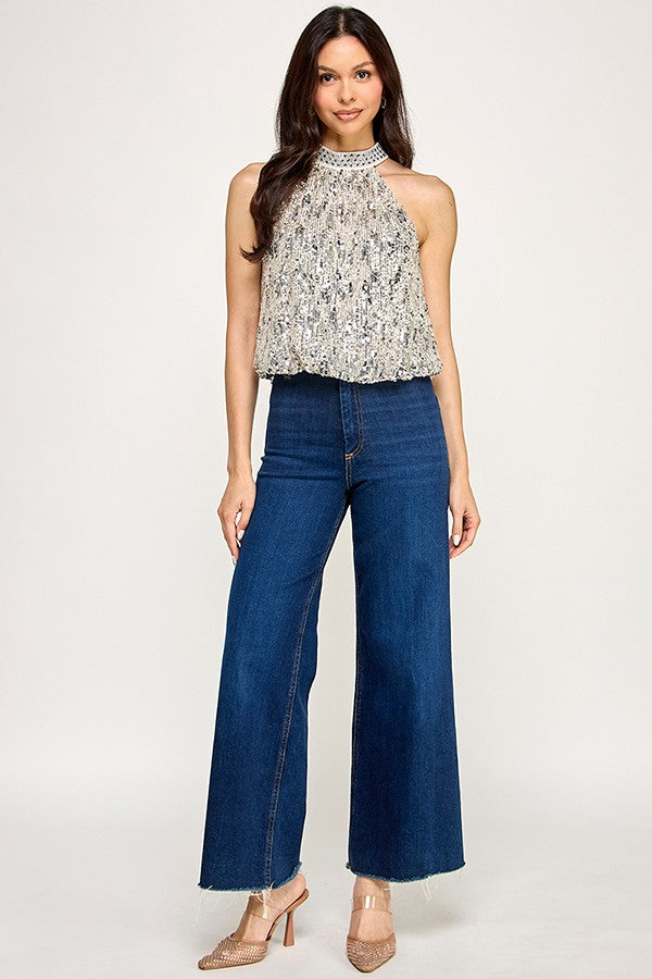 Metallic Embellishment Neck Trim Sequin Top