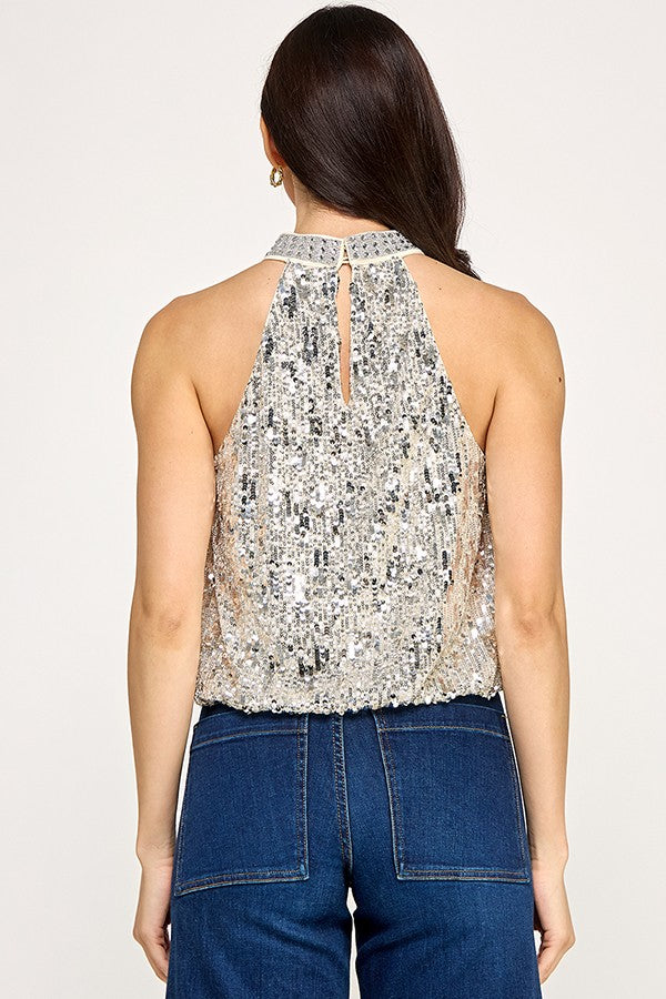 Metallic Embellishment Neck Trim Sequin Top