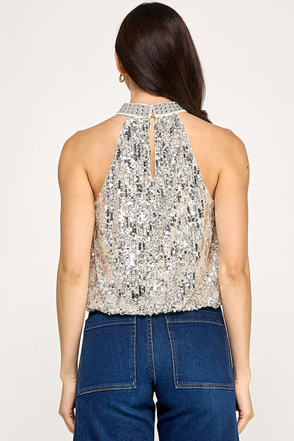 Metallic Embellishment Neck Trim Sequin Top