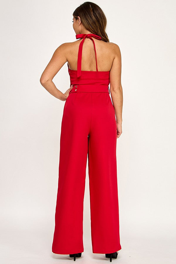 Embellished Trim Halter neck Jumpsuit with Belt