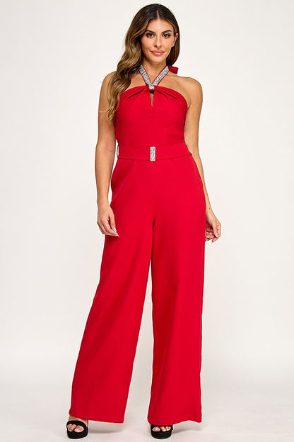 Embellished Trim Halter neck Jumpsuit with Belt