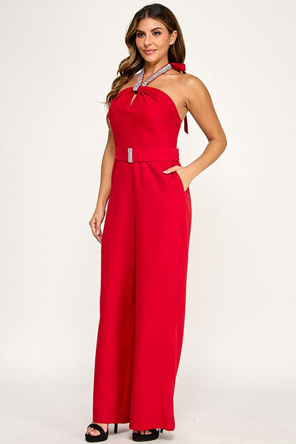 Embellished Trim Halter neck Jumpsuit with Belt