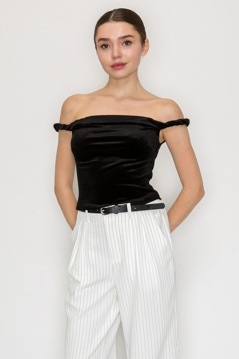 Velvet Twisted Strap Off-shoulder Top