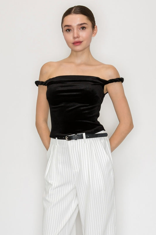 Velvet Twisted Strap Off-shoulder Top