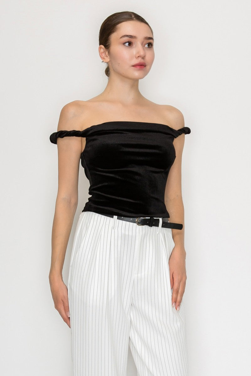 Velvet Twisted Strap Off-shoulder Top