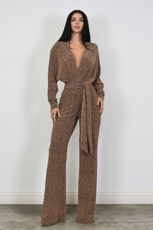Metallic Lurex Knit Long Sleeve Jumpsuit