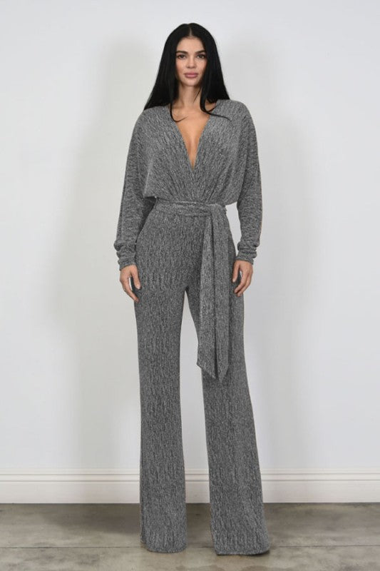 Metallic Lurex Knit Long Sleeve Jumpsuit
