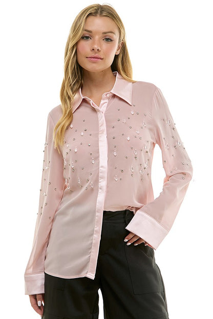 Sheer Embellished Button Up