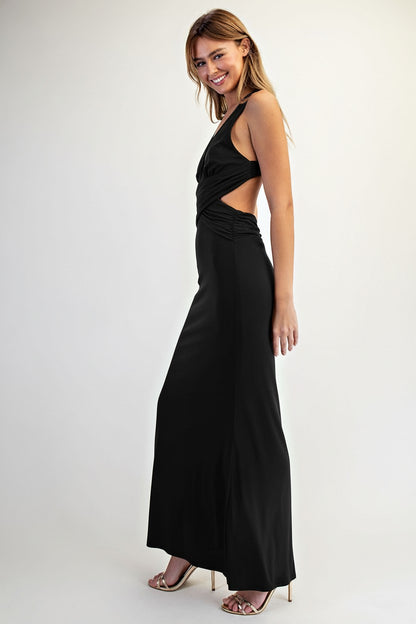 Halter Open Back Plunging Neck Knit Maxi Dress