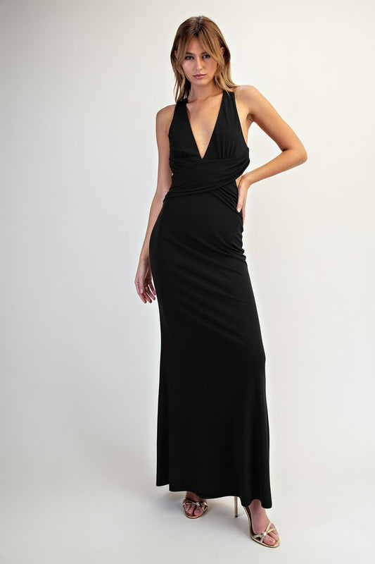 Halter Open Back Plunging Neck Knit Maxi Dress