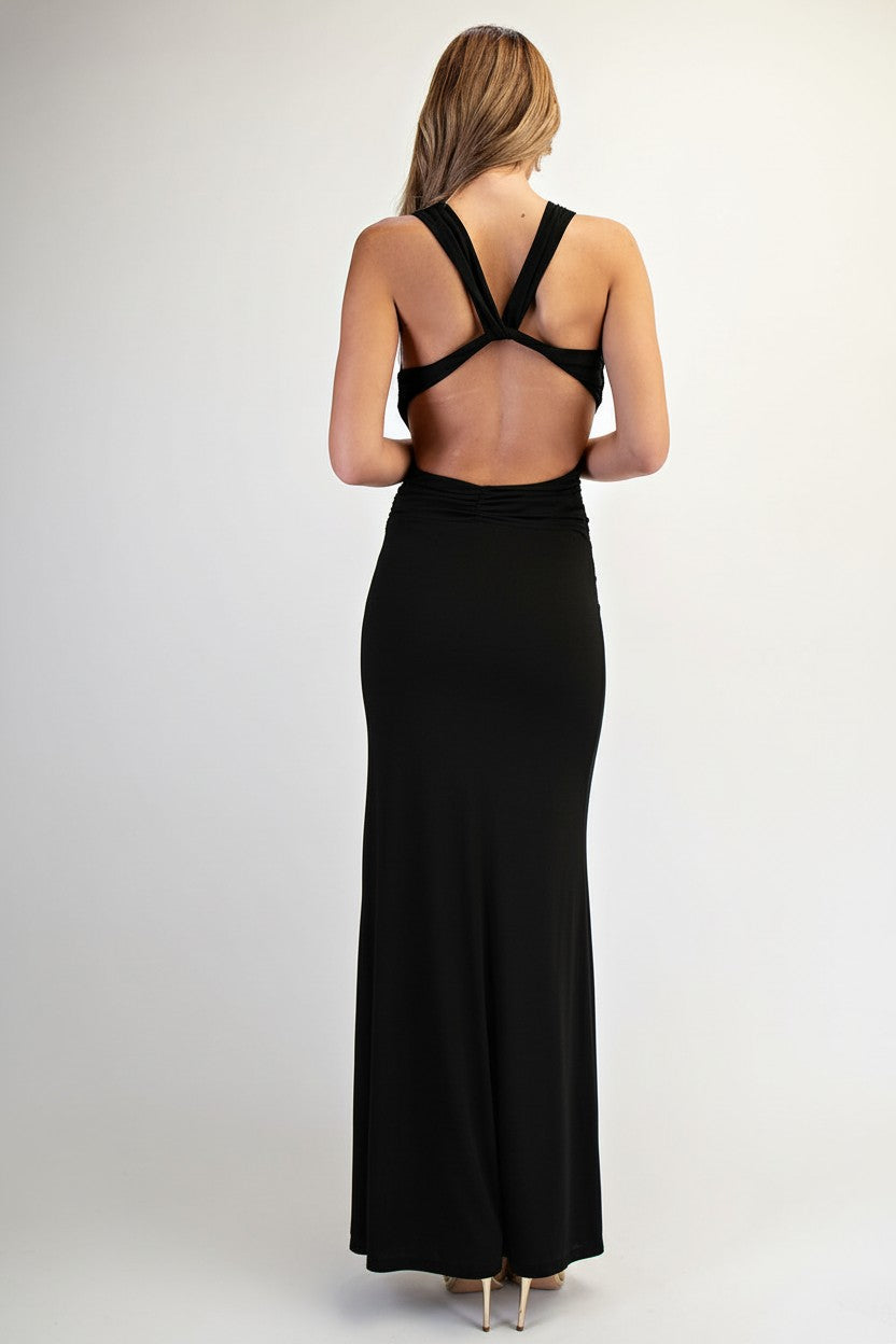 Halter Open Back Plunging Neck Knit Maxi Dress