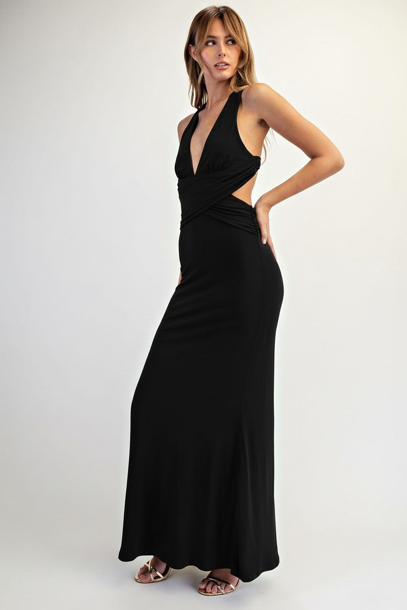 Halter Open Back Plunging Neck Knit Maxi Dress