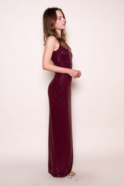 Sleeveless Rhinestone Mesh Maxi Dress
