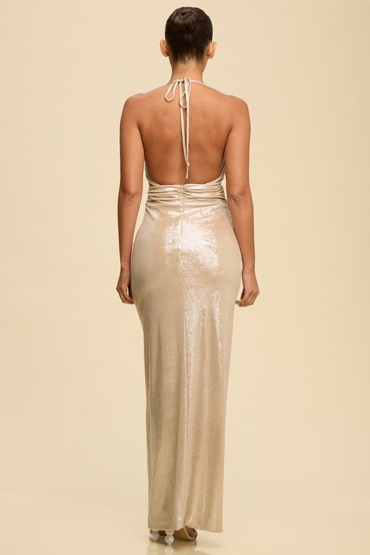Liquid Metal Halter Maxi Dress