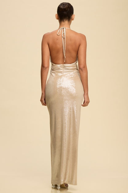 Liquid Metal Halter Maxi Dress