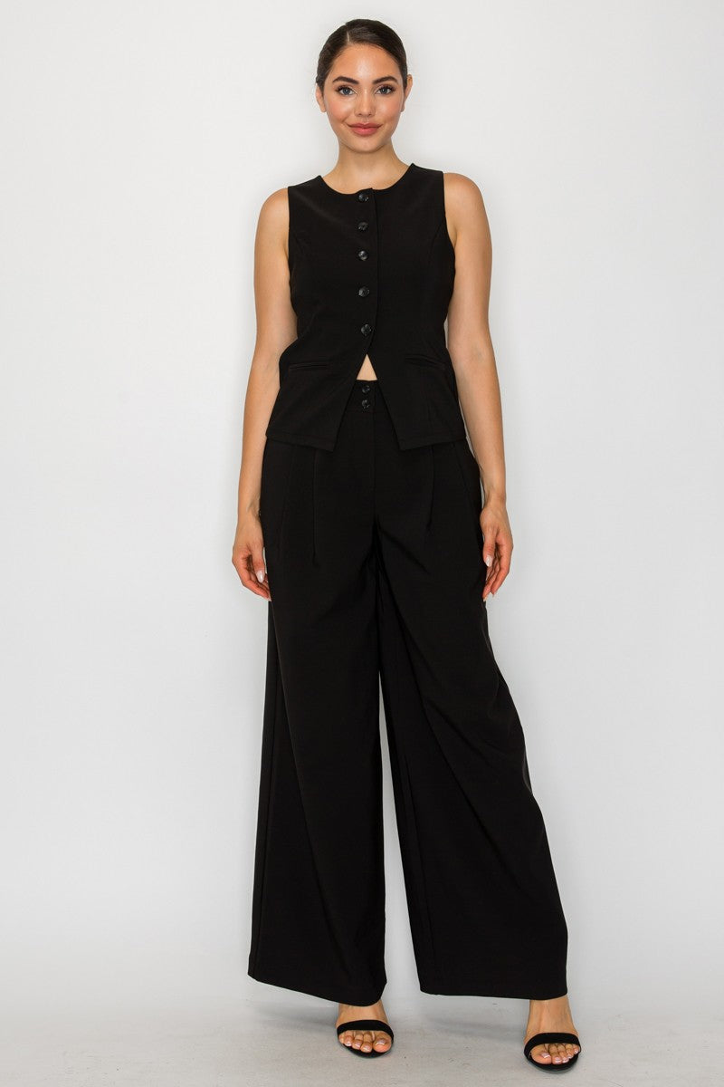 Wide-leg Pleated Double-button Pants