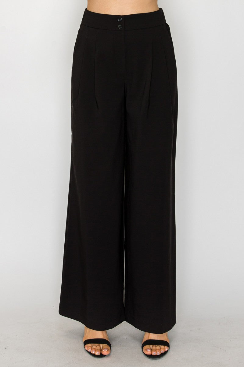 Wide-leg Pleated Double-button Pants
