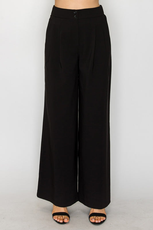 Wide-leg Pleated Double-button Pants