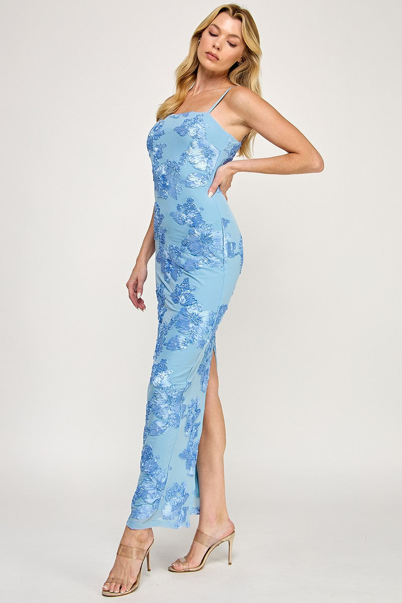 Sleeveless Mesh Floral Embroidered Maxi Dress