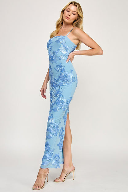 Sleeveless Mesh Floral Embroidered Maxi Dress