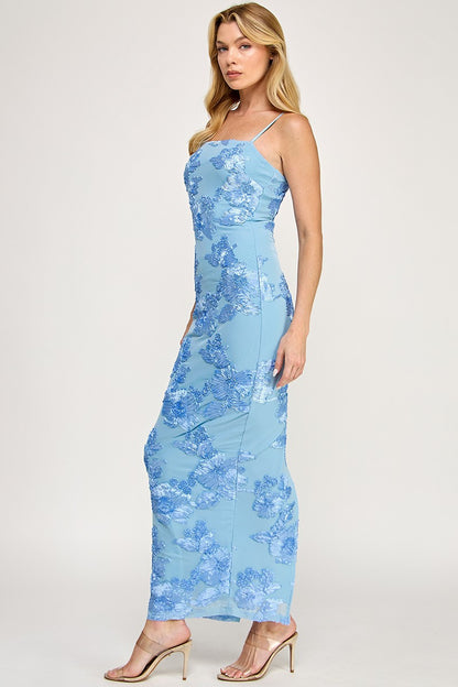 Sleeveless Mesh Floral Embroidered Maxi Dress