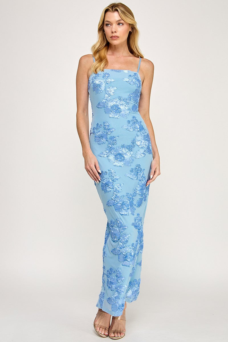 Sleeveless Mesh Floral Embroidered Maxi Dress