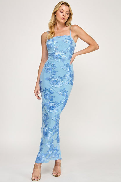 Sleeveless Mesh Floral Embroidered Maxi Dress