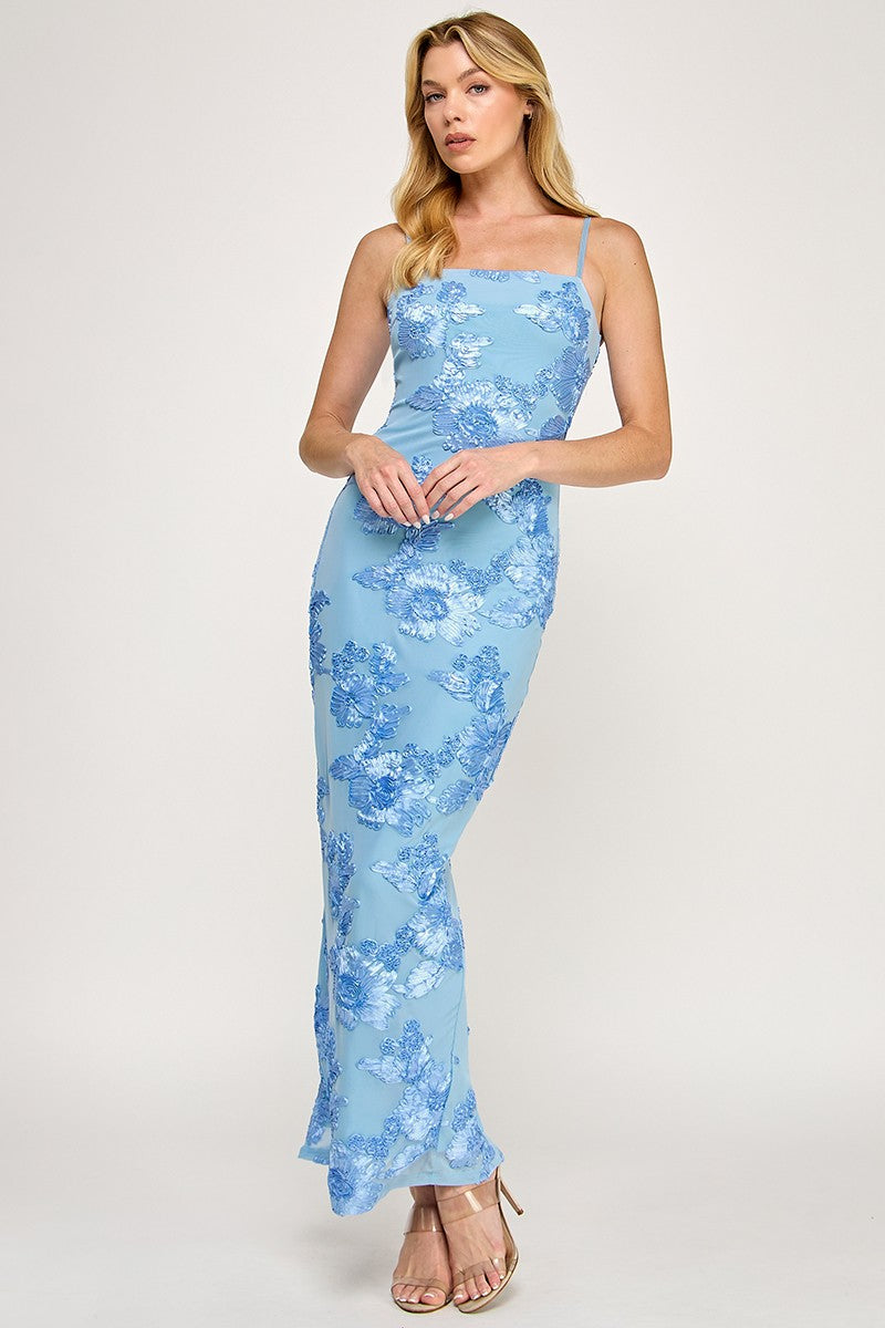 Sleeveless Mesh Floral Embroidered Maxi Dress