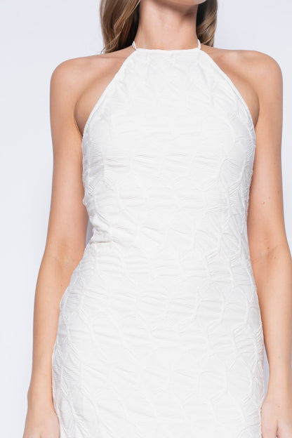 textured open back halter maxi dress