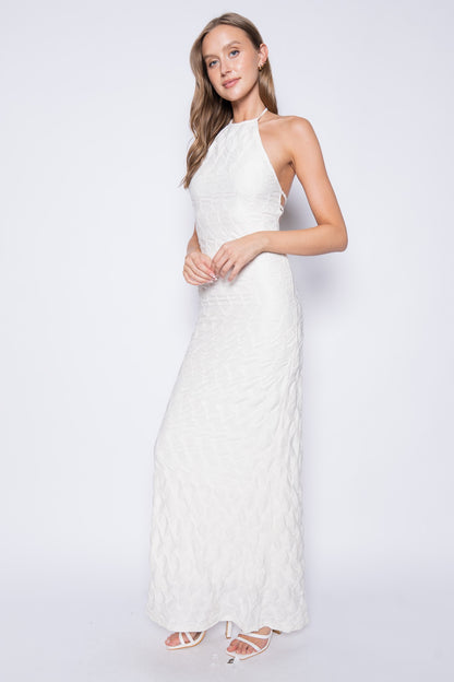 textured open back halter maxi dress