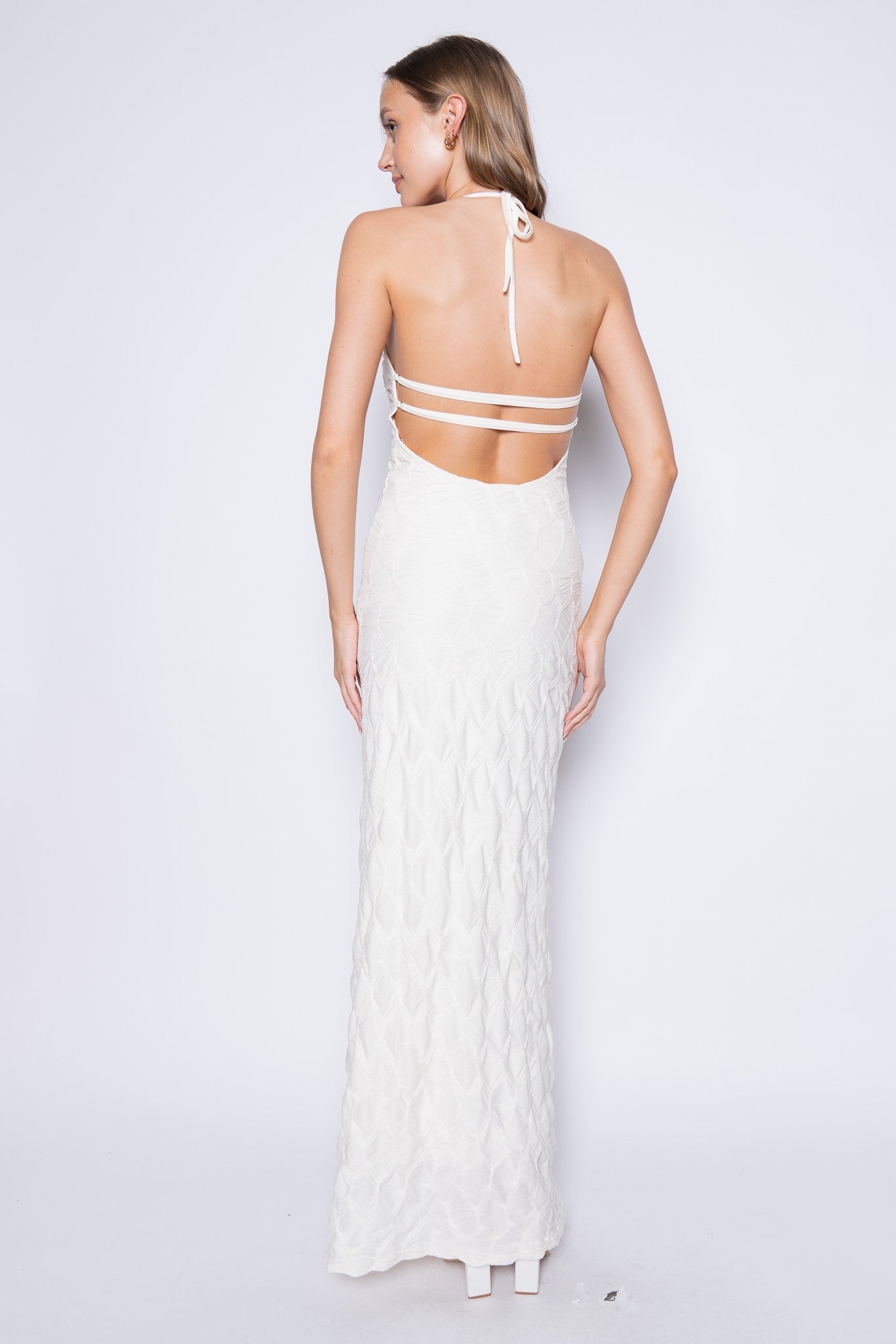 textured open back halter maxi dress