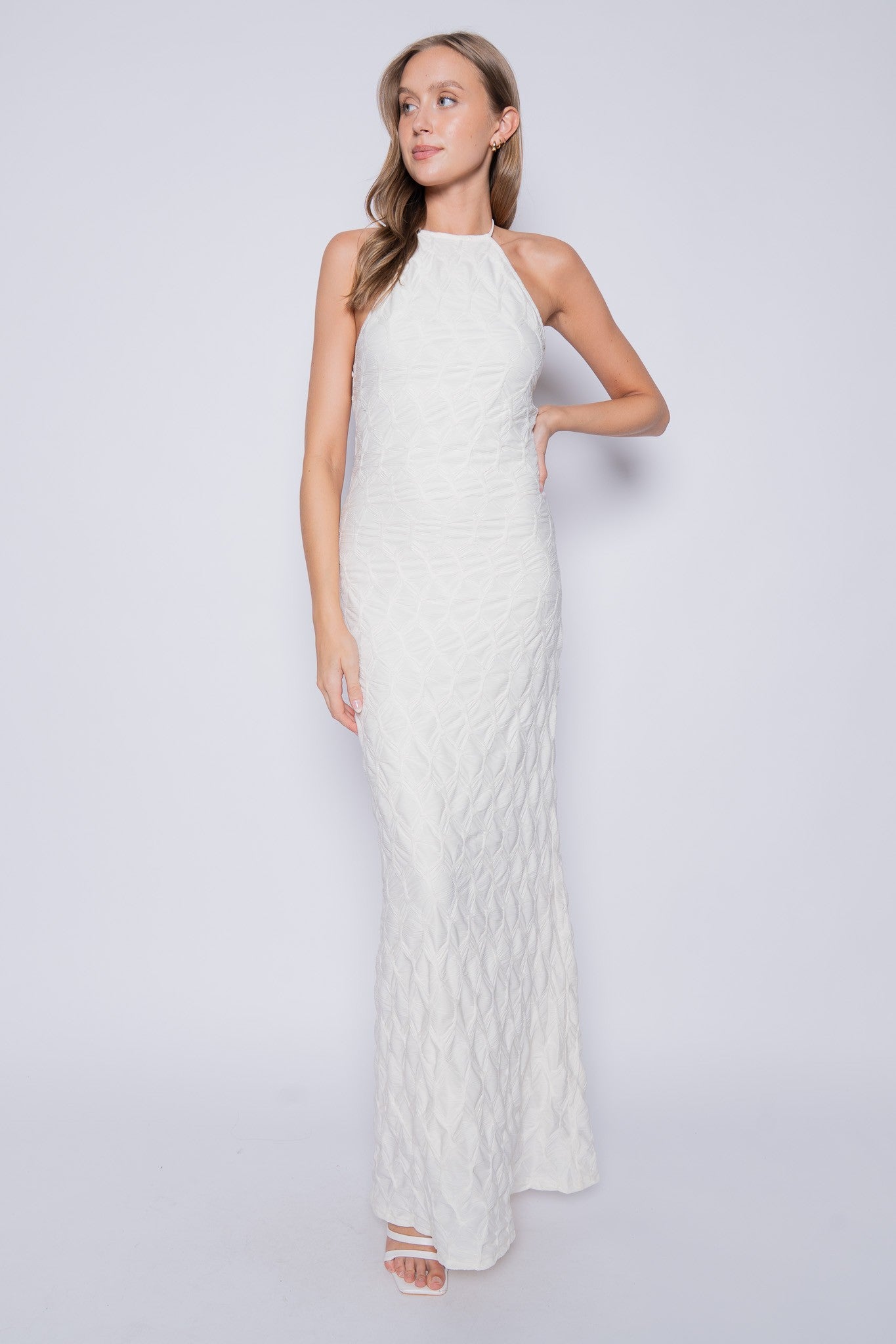 textured open back halter maxi dress