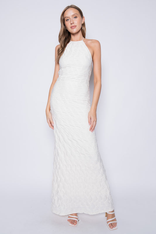 textured open back halter maxi dress