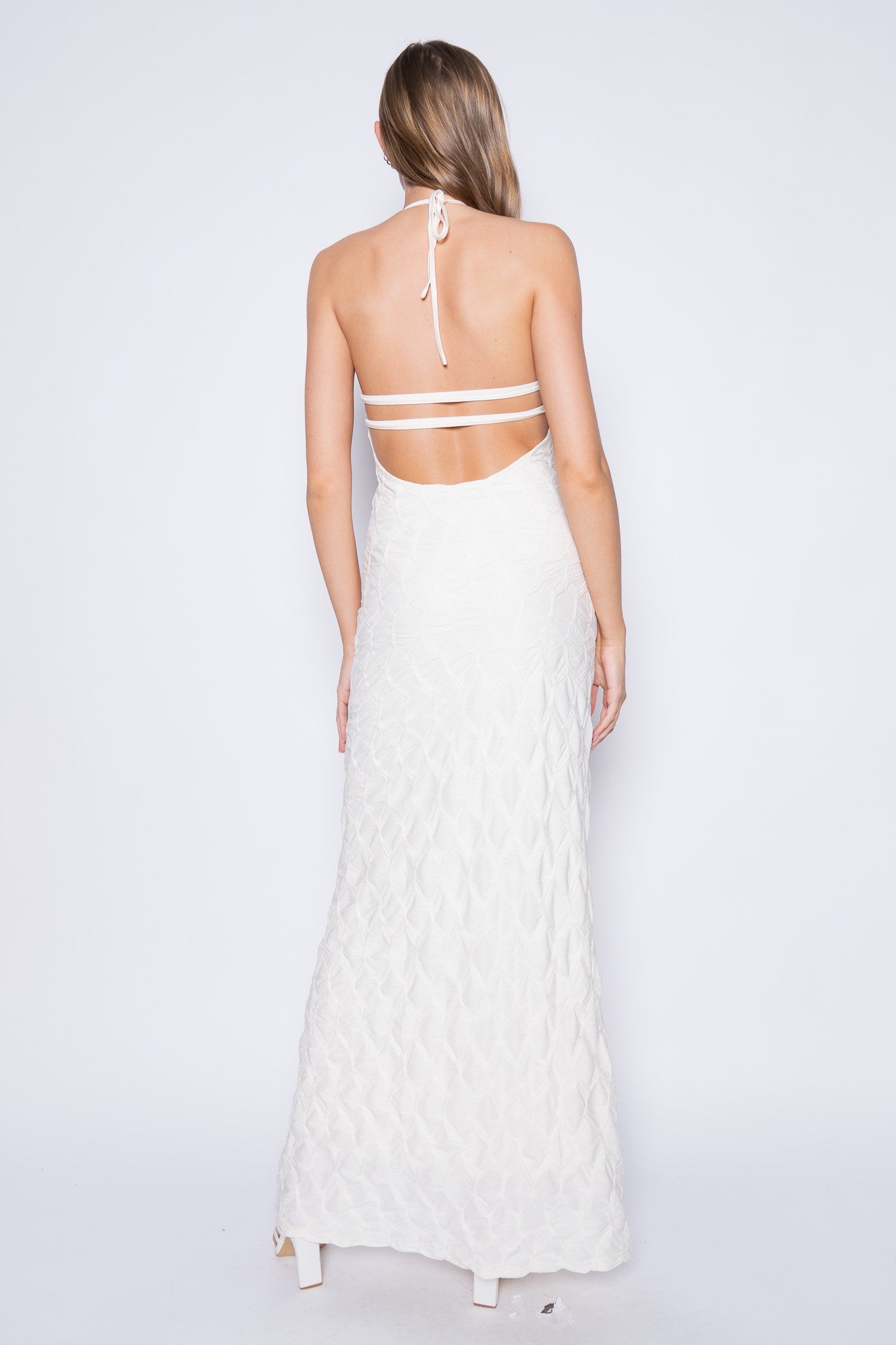 textured open back halter maxi dress