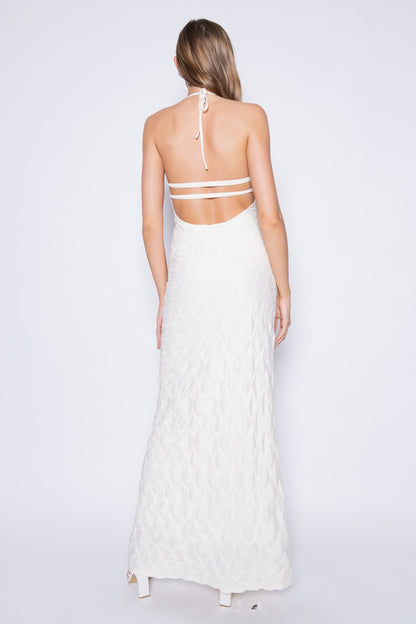 textured open back halter maxi dress