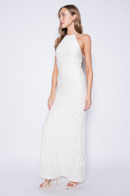 textured open back halter maxi dress